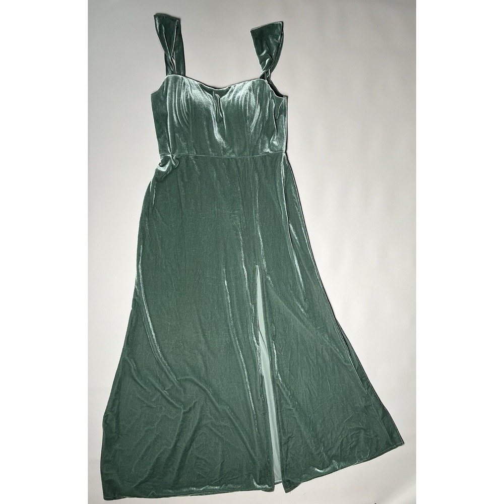 Jenny Yoo Women's Formal Green Velvet Maxi Dress Square Neck Side Slit Size 16